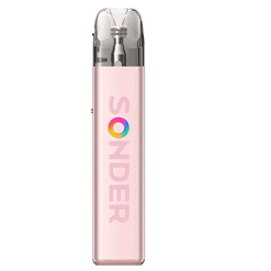 Vape mit pinkem Gehäuse und "SANDER" Logo, transparenter Mundstück, modernes Design, tragbare E-Zigarette, Liquid Tank, einfache Handhabung, Style-Accessoire.