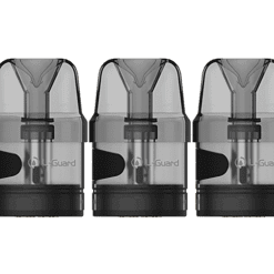 Drei schwarze und transparente Vapes, No-Guard Modell, kompaktes Design, ideal für unterwegs.
