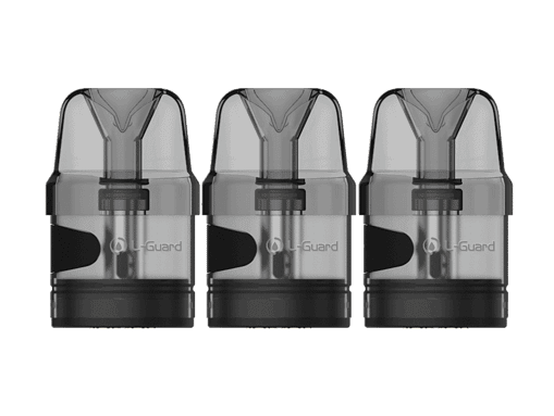 Drei schwarze und transparente Vapes, No-Guard Modell, kompaktes Design, ideal für unterwegs.