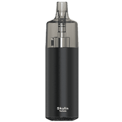 Stylischer Skylin Tornado E-Zigarette in Schwarz mit transparenter Cartridge, modernes Design, ideal für Dampfer, langlebig und einfach zu bedienen.