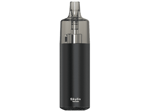 Stylischer Skylin Tornado E-Zigarette in Schwarz mit transparenter Cartridge, modernes Design, ideal für Dampfer, langlebig und einfach zu bedienen.