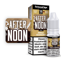 Verpackung und Flasche des InnoCigs After Noon Vanille-Käsekuchen Aromen, zigarettenähnliches Nikotinpflaster im Erdbeer-Design, für Genuss und Geschmack.