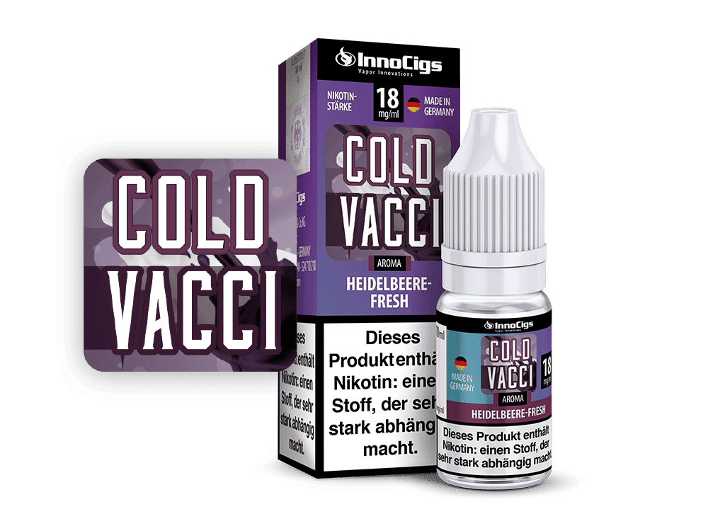 InnoCigs Cold Vacci Heidelbeere-Fresh 1 InnoCigs Cold Vacci Heidelbeer-Fresh E-Liquid, 18 mg/ml, 10 ml Flasche, Nikotin-Stärke, hergestellt in Deutschland, für E-Zigaretten.