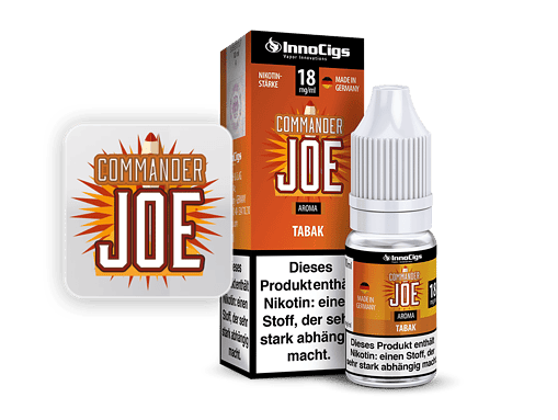 Innocigs Commander Joe Tabak Nikotin 18mg/ml, luftdicht verschlossen, in Originalverpackung, für E-Zigaretten, mit warnhinweis, Made in Germany, aromatische Tabaknote, hochwertiges Aroma, starkes Nikotin, Qualität aus Deutschland, Vape Zubehör.