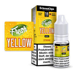 InnoCigs Fresh Yellow Zitrone Nikotinliquid, 18mg/ml, in Flasche und Schachtel, deutsches Produkt, für E-Zigaretten, zitrusfrischer Geschmack, starke Nikotinwirkung, Made in Germany, Vape-Aromen, dampfen, nikotinhaltig, E-Liquid, E-Shisha, Liquid für E-Zigaretten, Nikotinsaft, Dampferbedarf, E-Zigaretten Zubehör, starker Nikotinshot.