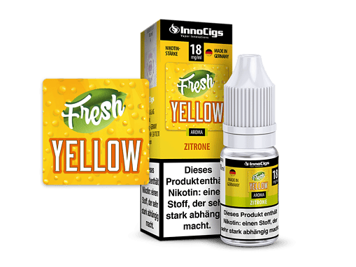 InnoCigs Fresh Yellow Zitrone Nikotinliquid, 18mg/ml, in Flasche und Schachtel, deutsches Produkt, für E-Zigaretten, zitrusfrischer Geschmack, starke Nikotinwirkung, Made in Germany, Vape-Aromen, dampfen, nikotinhaltig, E-Liquid, E-Shisha, Liquid für E-Zigaretten, Nikotinsaft, Dampferbedarf, E-Zigaretten Zubehör, starker Nikotinshot.