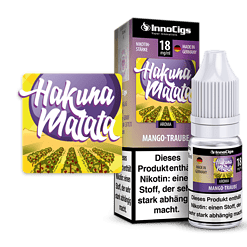 InnoCigs Hakuna Matata Mango-Traube Nikotinstärke 18 mg/ml, Flasche und Packung im Produktfoto sichtbar.