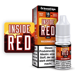 Innense Red Wasser Mixture Flasche und Verpackung mit Logo, Alkoholfreie E-Zigarette Aroma, Made in Germany, Nikotinstärke 18 mg/ml, Wassermelone Geschmacksrichtung.