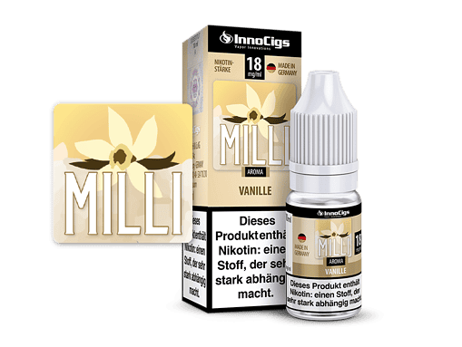 MILLI Vanille Aroma E-Liquid für E-Zigaretten, 18 mg/ml nikotinhaltig, Made in Germany, in Flasche mit Aufkleber und Verpackung, vaporinhalation.