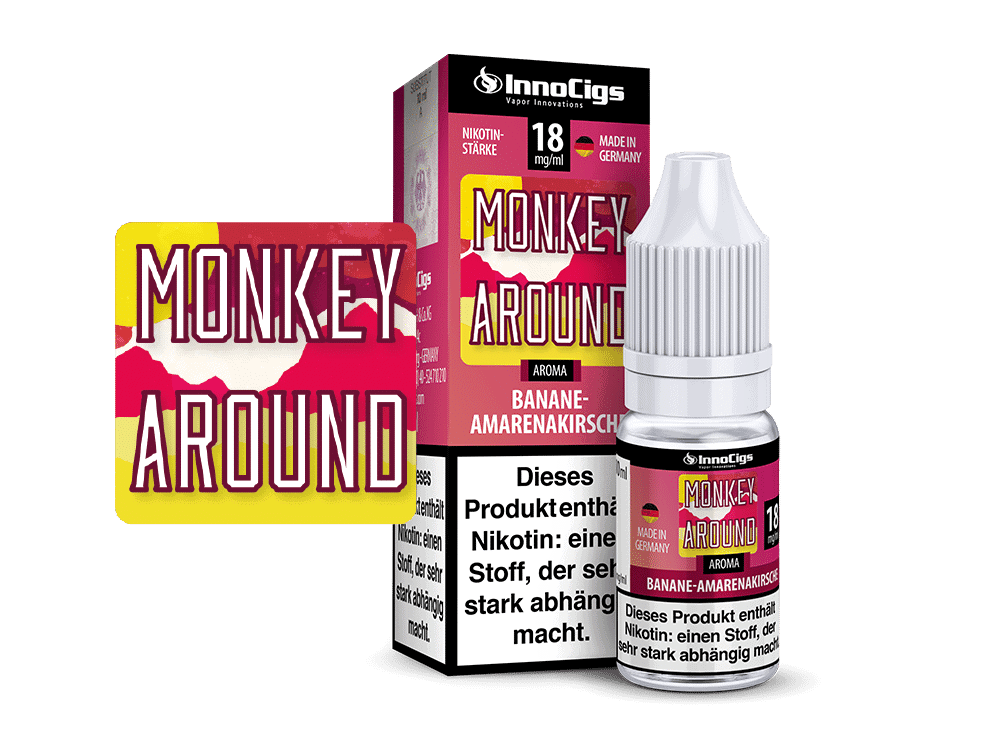 InnoCigs Monkey Around Bananen-Amarenakirsche 1 InnoCigs Monkey Around Banane-Amarenakirsche 18 mg/ml Liquid für E-Zigaretten, Made in Germany, Nikotinstärke, aromatisiert, für Dampfer, leckeres Geschmackserlebnis, hochwertige Qualität.