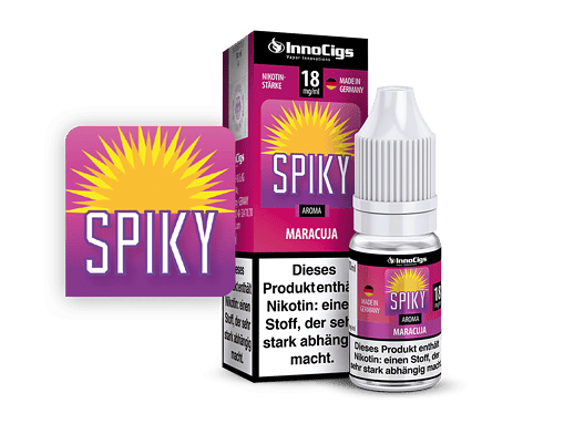 InnoCigs Spiky Maracuja E-Liquid Flasche und Verpackung, Nikotinstärke 18 mg/ml, Made in Germany, Aroma für E-Zigaretten.