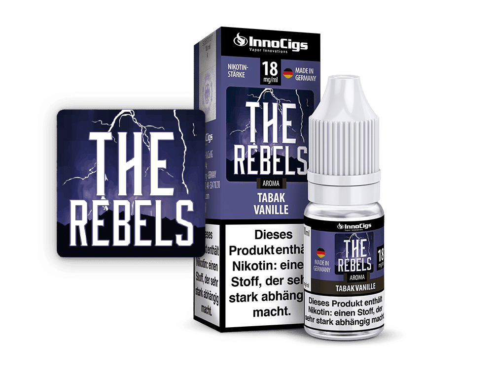 InnoCigs The Rebels Tabak Vanille 1 InnoCigs The Rebels Tabak Vanille, 18 mg/ml, Lutschtablette, deutscher Hersteller, Nikotinstärke, Vaping Aroma, Tabakgeschmack, Dampferzubehör, eLiquid, Nikotinfreisetzung, Vape Shopp, E-Zigaretten, Shot, Liquids, E-Zigaretten-Aroma, 2. Reiz, ohne Nikotin, Rauchersurrogate.