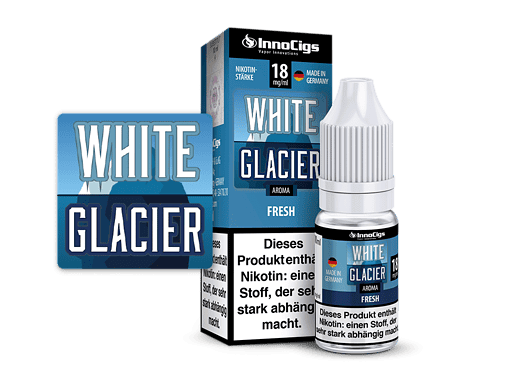 Ein Fläschchen mit White Glacier Aroma für E-Zigaretten, in Blau und Weiß gestaltet, mit Originalverpackung im Hintergrund, ideal für Frische- und Menthol-Aromen.