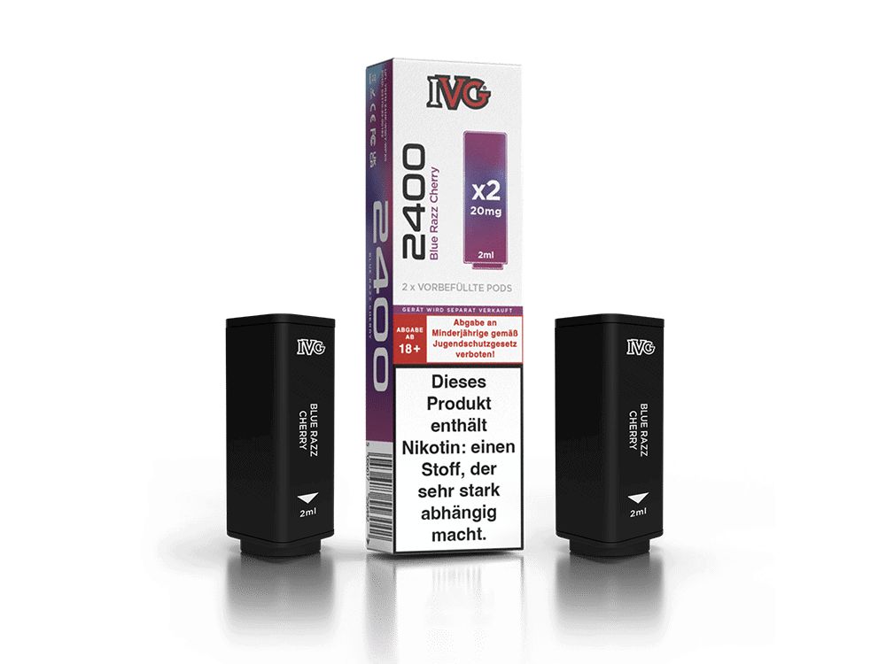 IVG - 2400 Pod 20mg/ml 1 IVG Blue Razz Cherry Vape Pod, 2 Stück, 20mg Nikotin, 2ml, für E-Zigaretten, Geschmacksrichtung Kirsche und Blaue Beere, hochwertiges Liquid, für ein intensives Dampferlebnis.