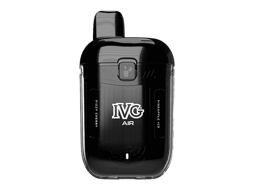 Kompakter IVG AIR Zero Nicotine Vape mit Geschmacksrichtung Fizzy Cherry und Ananas-Eis, schwarz, moderne Design, ideal für unterwegs, einfach zu bedienen.