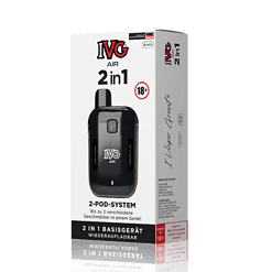 Modernes IVG Air 2-in-1 Vape-Pod-System in Schwarz für Dampfer, inklusive austauschbaren Pods, handliches Design, für Genuss ab 18 Jahren, ideal für Einsteiger und Fortgeschrittene.