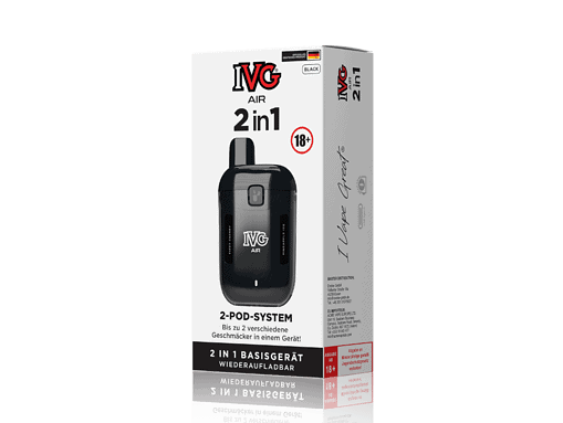 Modernes IVG Air 2-in-1 Vape-Pod-System in Schwarz für Dampfer, inklusive austauschbaren Pods, handliches Design, für Genuss ab 18 Jahren, ideal für Einsteiger und Fortgeschrittene.