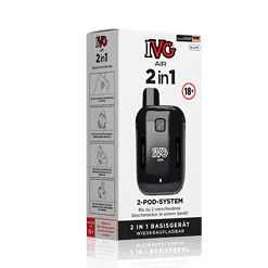 Verschlüsseltes Bild eines IVG Air 2-in-1 Geräts in der Verpackung, schwarzes Design, Produktname auf Verpackung, Abbildung mit Anleitung, für E-Zigaretten und Liquidwechsel geeignet, für Über 18-Jährige.