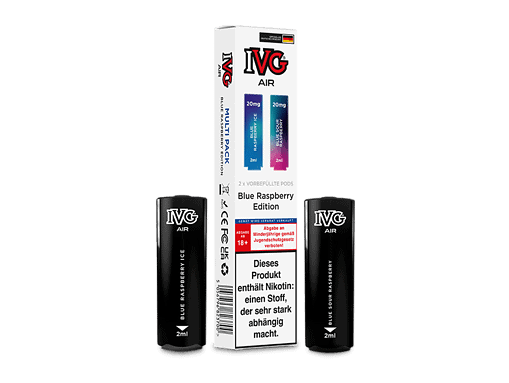Blue Raspberry IVG Air E-Shisha Pods, 2er-Pack, inklusive Verpackung, belebt mit 20mg Nikotin, ideal für Dampfer, enthält Nikotin, Geschmacksrichtung: Heidelbeere.