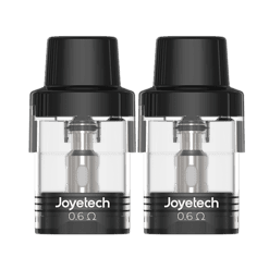 Zwei Joyetech Verdampferköpfe, doppelter Blick, schwarze Verschlüsse, klare Transparenz, langlebig und kompatibel, ideal für E-Zigaretten.