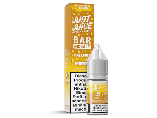 Juice Bar Nicsalt Pineapple E-Liquid für E-Zigaretten, 10ml Flasche, aromatischer Geschmack, nikotinfrei option, perfekt für Dampfer, Verpackung im Karton sichtbar, ideal für den täglichen Gebrauch, hochwertige Qualität.