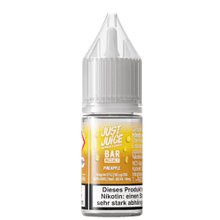 Flasche mit Just Juice Bar Nikolat e-Liquid in Ananas Geschmack vor gelbem Hintergrund.
