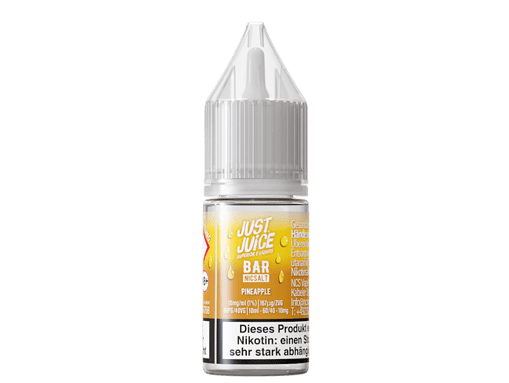 Flasche mit Just Juice Bar Nikolat e-Liquid in Ananas Geschmack vor gelbem Hintergrund.