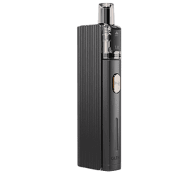 2. Moderner E-Zigaretten-Vape mit schwarzem, geradlinigem Design, Steuerknopf und transparentem Tank.