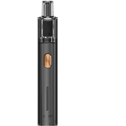 Vaporizer mit schwarzem Gehäuse und bronzefarbenem Touch-Button, kompakt und modern gestaltet, ideal für Aromatherapie und Raucherjunkies, elegant und benutzerfreundlich.