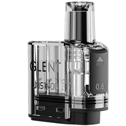 JustFog GLENT Pod mit Head 15 Leerer, transparenter Vaping- oder E-Zigaretten-Tank mit schwarzem Kontrollknopf und Markierungen, 0,6 ml Fassungsvermögen, modernes Design für E-Liquid-Dampfer.