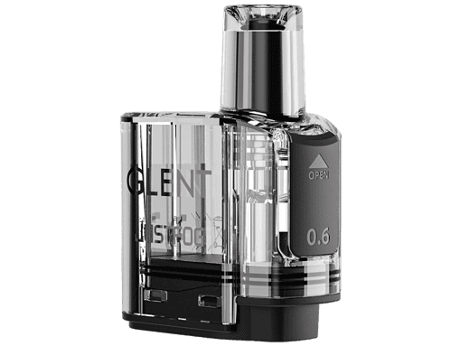 JustFog GLENT Pod mit Head 8 Leerer, transparenter Vaping- oder E-Zigaretten-Tank mit schwarzem Kontrollknopf und Markierungen, 0,6 ml Fassungsvermögen, modernes Design für E-Liquid-Dampfer.