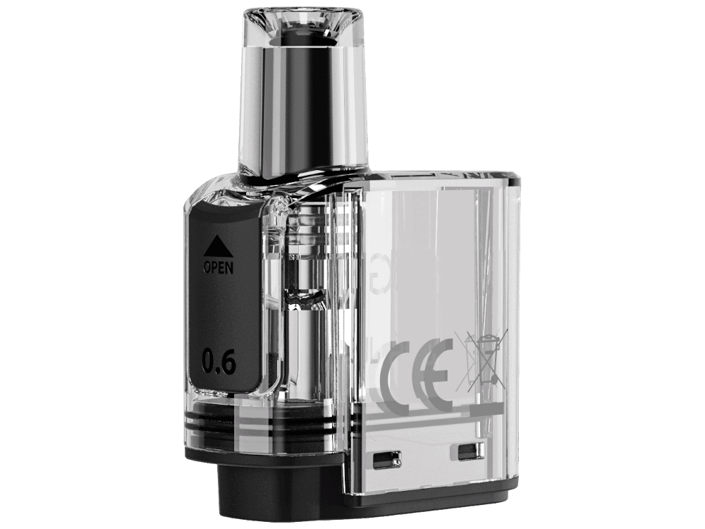 JustFog GLENT Pod mit Head 2 Vape-Tank aus transparenter Kunststoffhaube mit Edelstahldesign und 0,6 ml Fassungsvermögen, ideal für E-Zigaretten.