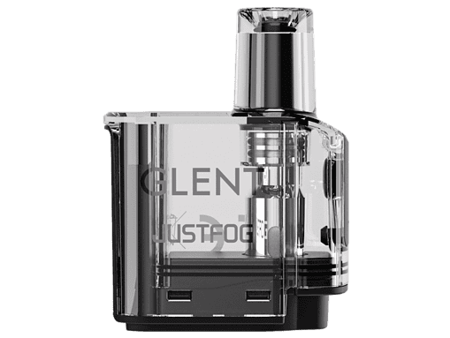 JustFog GLENT Pod mit Head 7 Sauberes, modernes Verdampfergerät in transparenter Gestaltung, ideal für Dampf-Produkte, mit detailliertem Blick auf die technischen Komponenten und den Bedienbereich. Perfect für den E-Zigaretten-Shop.