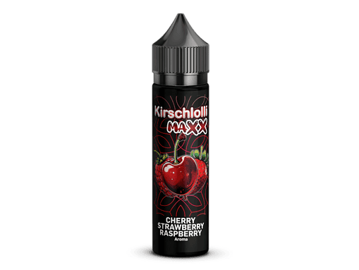 Kirschlolli MAXX E-Liquid Flasche mit Kirsch-, Erdbeer- und Himbeer-Geschmack für E-Zigaretten, Perfekt für Genuss und Aromawiedergabe.