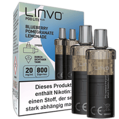 Hochwertige LINVO Pod Lite Plus mit Geschmackskombinationen aus Blueberry Pomegranate Granate Lemonade, 2er Pack, für ein intensives Dampferlebnis.
