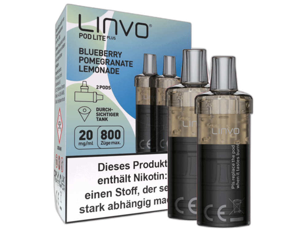 Linvo Pod Lite Plus Cartridge 1 Hochwertige LINVO Pod Lite Plus mit Geschmackskombinationen aus Blueberry Pomegranate Granate Lemonade, 2er Pack, für ein intensives Dampferlebnis.