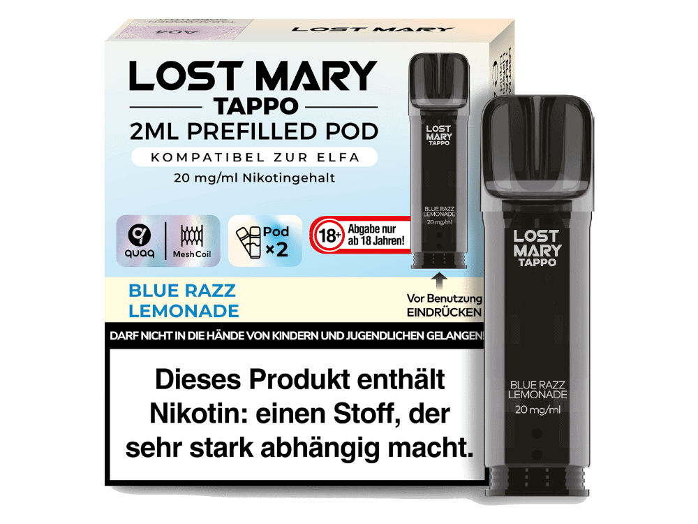 Lost Mary Tappo Pod 1 Rechargeable Vaping Pod für LETZ Go, 2 ml, mit 20 mg/ml Nikotin, kompatibel mit ELFA, Geschmacksrichtung Blue Razz Lemonade, für erwachsene Dampfer.