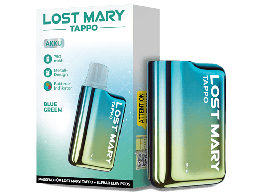 Lost Mary Tappo Verpackung mit Akkubetrieb, blauer und grüner Farbverlauf, perfekt passend für Lost Mary Tappo & Elfbar Elfa Pods.