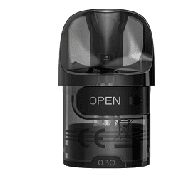 Klemm-Pod-System für E-Zigaretten, schwarz, kompakt, mit "OPEN"-Schriftzug, modern und tragbar, ideal für Dampfer, hochwertige Verarbeitung für intensiven Geschmack und einfache Handhabung.