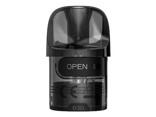 Klemm-Pod-System für E-Zigaretten, schwarz, kompakt, mit "OPEN"-Schriftzug, modern und tragbar, ideal für Dampfer, hochwertige Verarbeitung für intensiven Geschmack und einfache Handhabung.