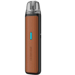 Leerer, brauner und schwarzer E-Zigaretten-Vape mit transparentem Mundstück, digitalem LED-Display und einem minimalistischen Design. Ideal für dampfende Nutzer, kombiniert Stil und Funktion.