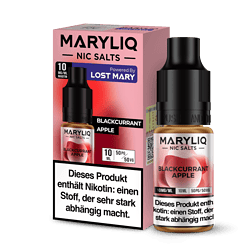 Maryliq Nic Salts Blackcurrant Apple CBD Liquid in Flasche und Verpackung, 10 ml, 50 mg Nikotin.