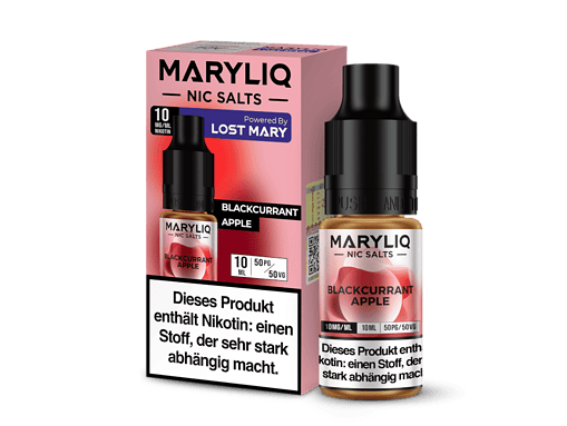 Maryliq Nic Salts Blackcurrant Apple CBD Liquid in Flasche und Verpackung, 10 ml, 50 mg Nikotin.
