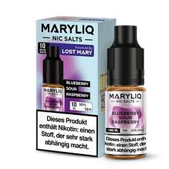 Maryliq Nic Salts Blueberry Sour Raspberry E-Liquid Flasche und Verpackung; Nikotin-Stärke 10 mg/ml, 50 ml Flasche im E-Liquid Shop; fruchtiger Geschmack, für Dampfer, nikotinhaltiges E-Liquid; hochwertiges Aroma.