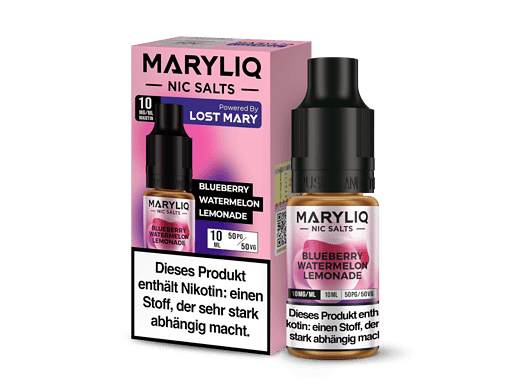 MaryliQ NIC Salts Blueberry Watermelon Lemonade Flasche mit Packung, Nikotinsalz für E-Zigaretten, 10 mg/ml, 10 ml Flasche, Geschmacksrichtung: Beerenmischung, Wasser-Melone, Zitrone.