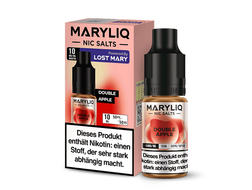 Nikotin Salz Liquid mit Double Apple Geschmack in Flasche und Verpackung, 10ml, für E-Zigaretten.