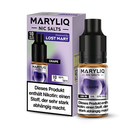 Maryliq Nic Salts Grape E-Liquid Flasche und Box, 10ml, Nikotin 10mg/ml, für Vape und E-Zigaretten, aromatischer Traubengeschmack, mit Warnhinweis.