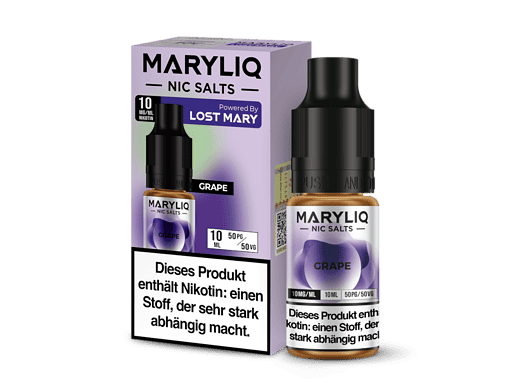 Maryliq Nic Salts Grape E-Liquid Flasche und Box, 10ml, Nikotin 10mg/ml, für Vape und E-Zigaretten, aromatischer Traubengeschmack, mit Warnhinweis.