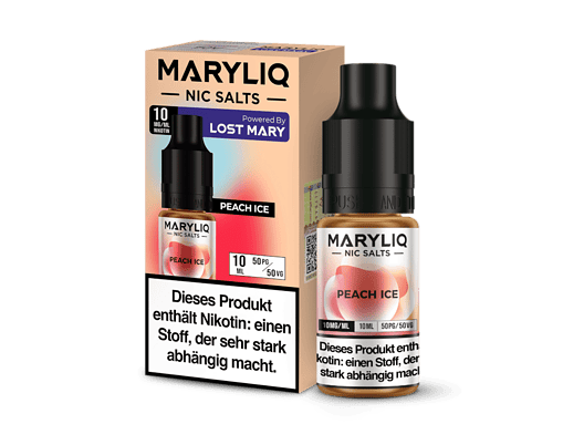 Maryliq nic salts peach ice flavor für E-Zigaretten, 10ml, Nikotin 10mg/ml, belebender Fruchtgeschmack, in schwarz und weiß Flasche, ideal für Dampfer.