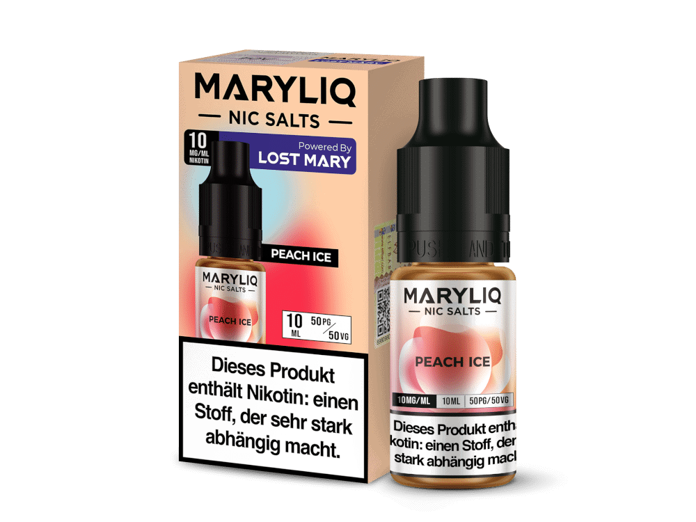 MARYLIQ Peach Ice Nikotinsalz Liquid 1 Maryliq nic salts peach ice flavor für E-Zigaretten, 10ml, Nikotin 10mg/ml, belebender Fruchtgeschmack, in schwarz und weiß Flasche, ideal für Dampfer.